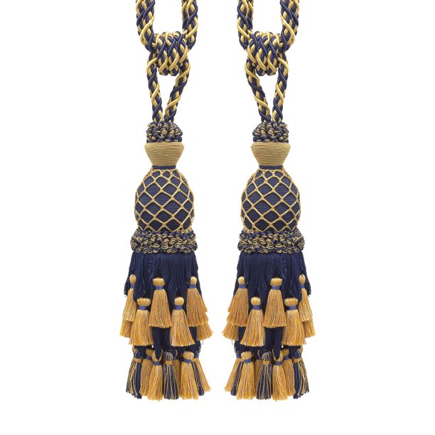Pair of Lavish Dark Navy Blue, Gold Large Curtain & Drapery Tassel