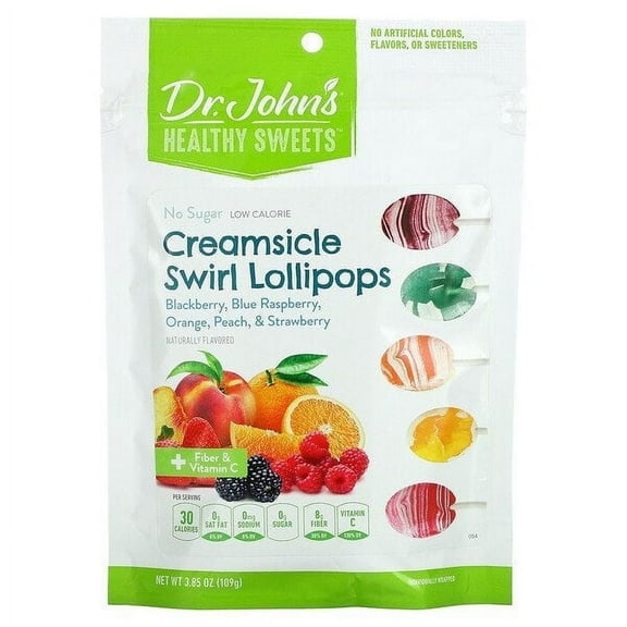 Dr. John's Healthy Sweets, Creamsicle Swirl Lollipops,   Fiber & Vitamin C, Blackberry, Blue Raspberry, Orange, Peach, & Strawberry, No Sugar, 3.85 oz