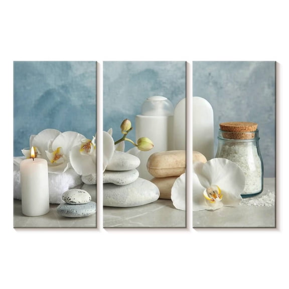 Elephant Stock White Spa Essentials Wall Art - Horizontal Multi Panel Canvas - Lobby Wall Decor - Wellness Multi Panel - White And Beige Decor - 23" x 14"