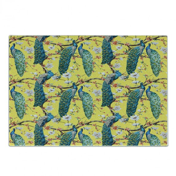 Colorful Cutting Board, Watercolor Style Peacocks and Long Tails on Flowered Branches, Decorative Tempered Glass Cutting and Serving Board, in 3 Sizes, by Ambesonne