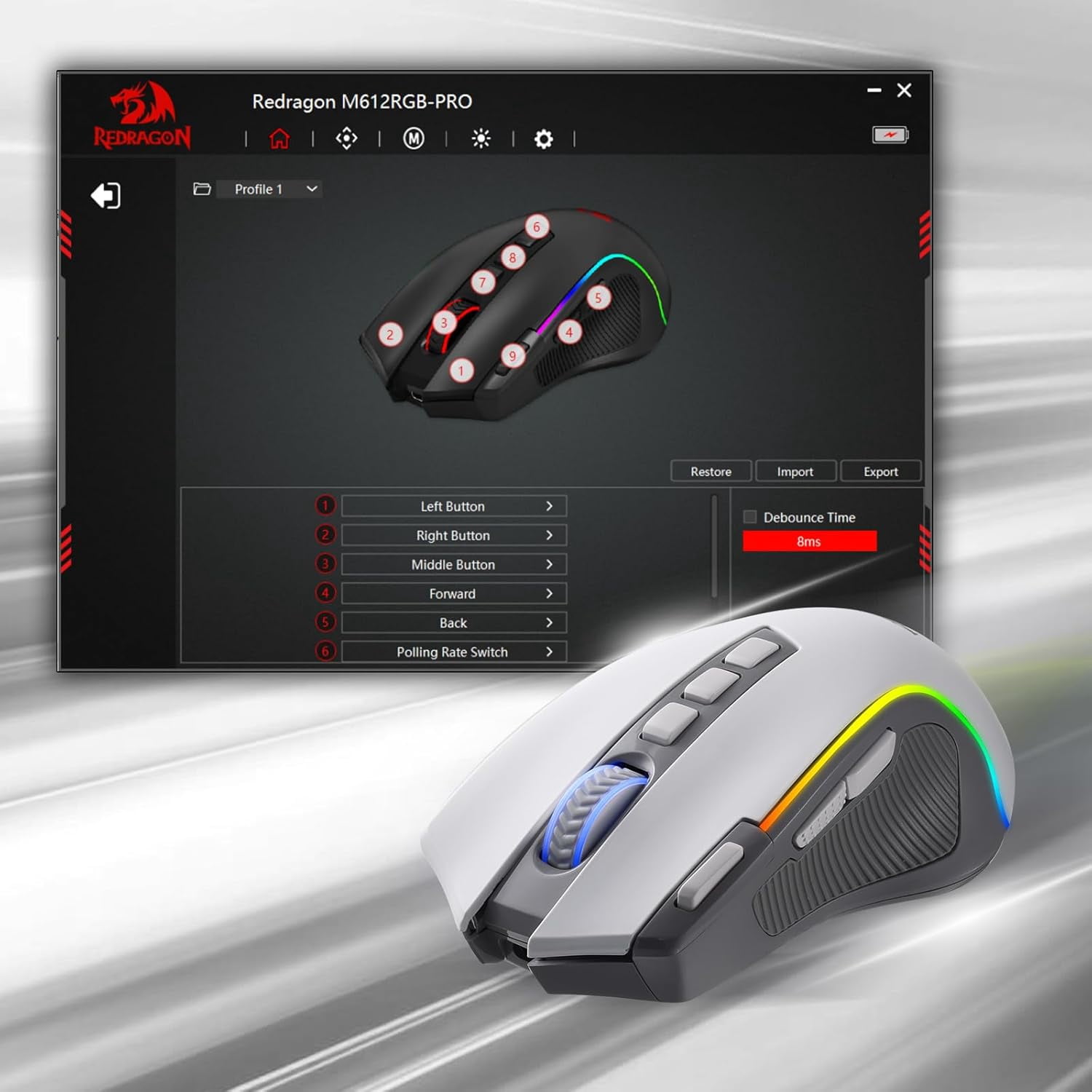 Redragon M612 PRO RGB Gaming Mouse, 8000 DPI BT Wired/Wireless Optical Gamer Mouse 9 Programmable Buttons & 7 Backlit Modes,Software Supports DIY Keybinds Rapid Fire Button,Gray