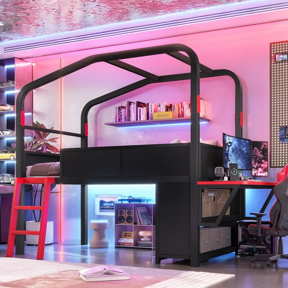 Leumius Twin Size Low Loft Bed with Side Desk and Usb Ports, Gaming Style Metal Loft Bed with Led Lights, Storage Cabinets and Chic Canopy Design for Bedroom Guests Black