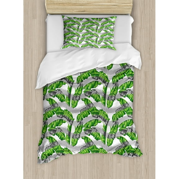 Banana Leaf Duvet Cover Set, Banana Leaves Color Digital Paintbrush Effect Exotic Boho Design, Decorative 2 Piece Bedding Set with 1 Pillow Shams, Twin Size, Pale Grey Hunter Green, by Ambesonne