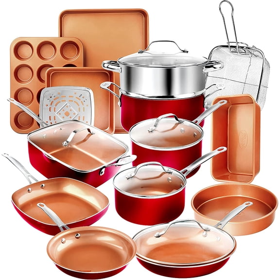 Gotham Steel Rouge Ensemble de 20 Pcs en Céramique Antiadhésive pour Batterie de Cuisine et Moules de Cuisson Va au Lave-Vaisselle Va au Four Casseroles Poêles avec Ustensiles