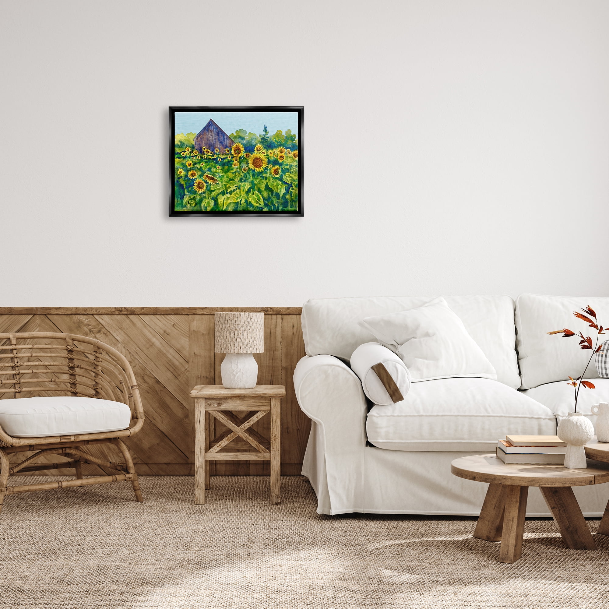 Stupell Industries Sunflower Field Painting Nature Painting Black Floater Framed Art Print Wall Art, 21 x 17