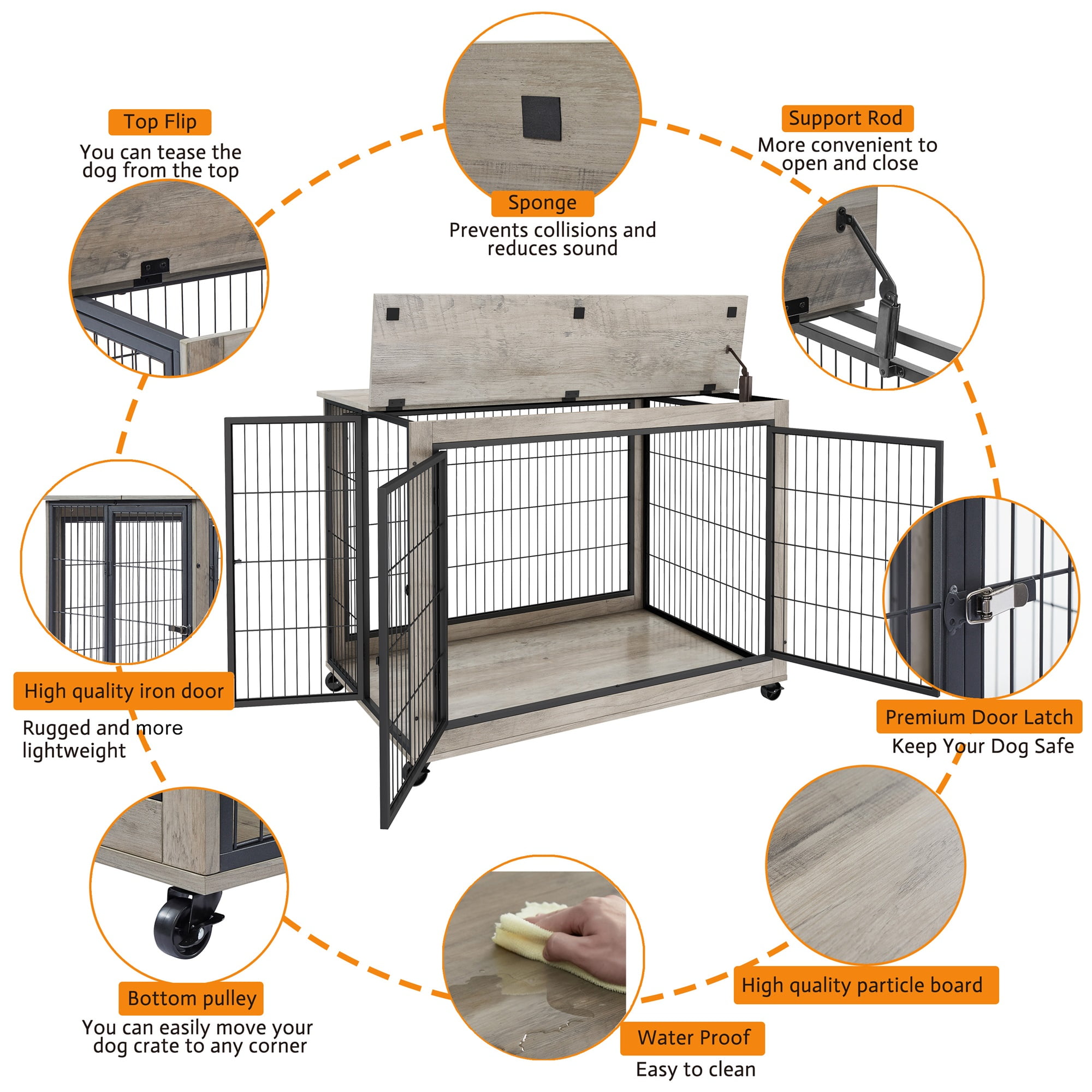 Pefilos 43" Wooden Dog Crates for Large Dogs Indoor Sliding Door Dog Cage Furniture with Wheels for Two Puppies Dog House, Gray Pefilos 43" Wooden Dog Crates for Large Dogs Indoor Sliding Door Dog Cage Furniture with Wheels for Two Puppies Dog House, Gray