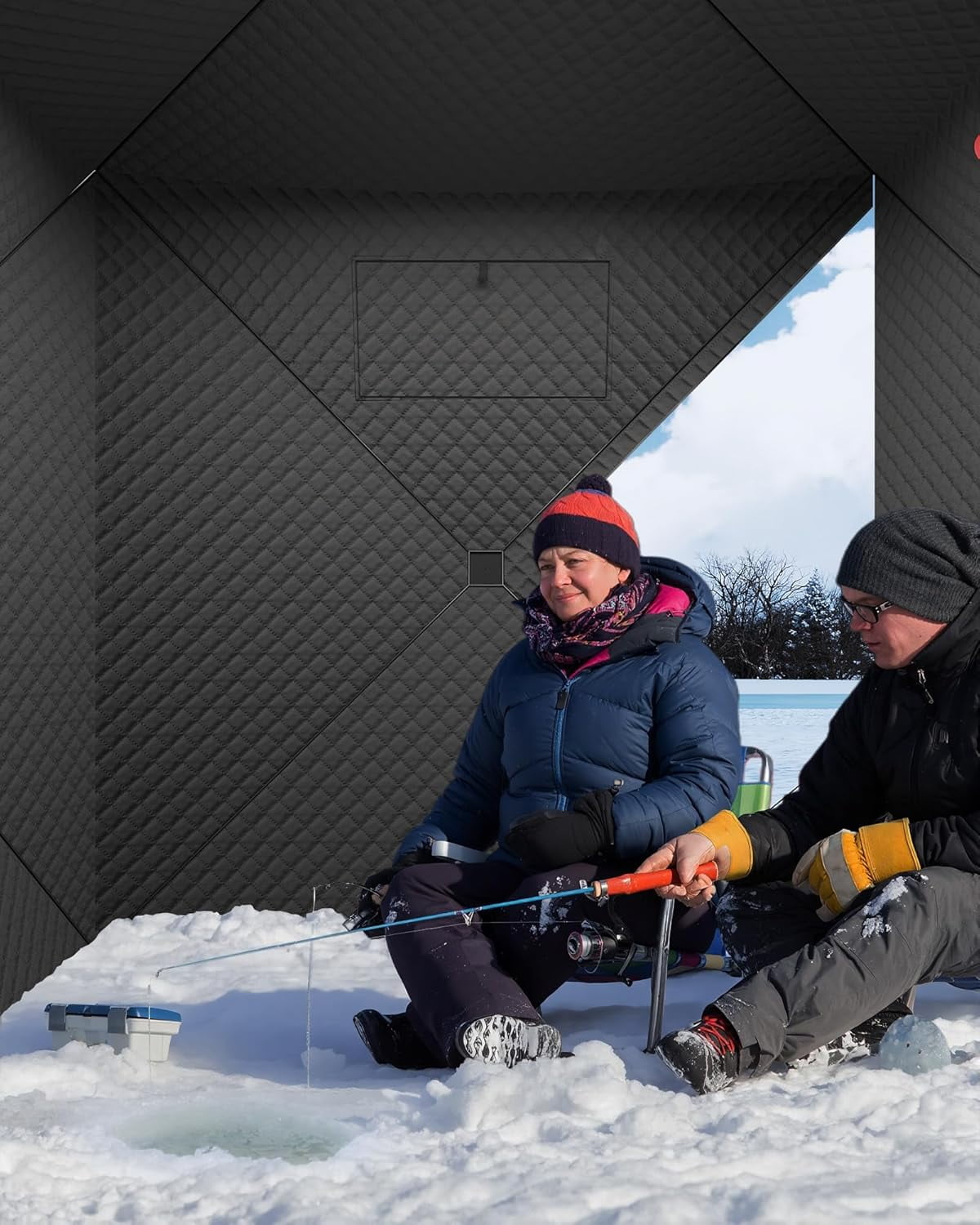 Lumiparty Pop Up Ice Fishing Tent Fully Insulated, Portable 3-4 Person Ice Fishing Shelter, Waterproof Oxford Fabric, Winter Windproof Hut Snow Hub with Anchors, Ropes & Carry Bag, Red & Black