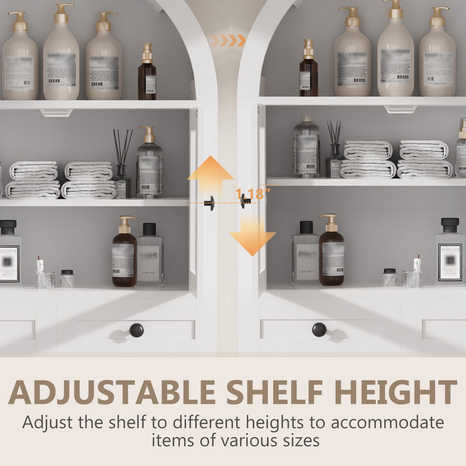 Arched Bathroom Wall Cabinet with 2 Drawers & Glass Doors, Curved Wall Mounted Medicine Cabinet with Adjustable Shelf, Over-The-Toilet Storage Cabinet for Bathroom Organizer & Space Saving (White)