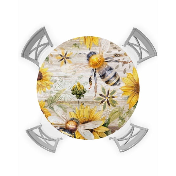 nqOlkjepod Sunflower Round Tablecloth, Fitted Table Cover with Elastic for 55"-60" Round Tables, Vintage Summer Bee Botanical Farmhouse Table Cloth Outdoor Dinning Party Waterproof Tablecloths