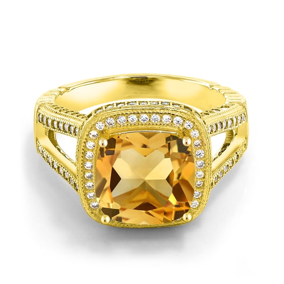 Gem Stone King 5.47 Ct Cushion Yellow Citrine 18K Yellow Gold Plated Silver Ring (Size 5)