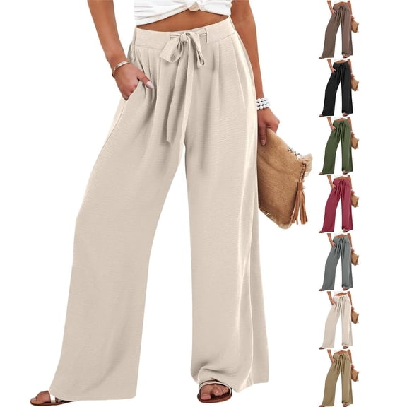 Women's Flowy Linen Wide Leg Pants Tie Knot High Waisted with Pockets