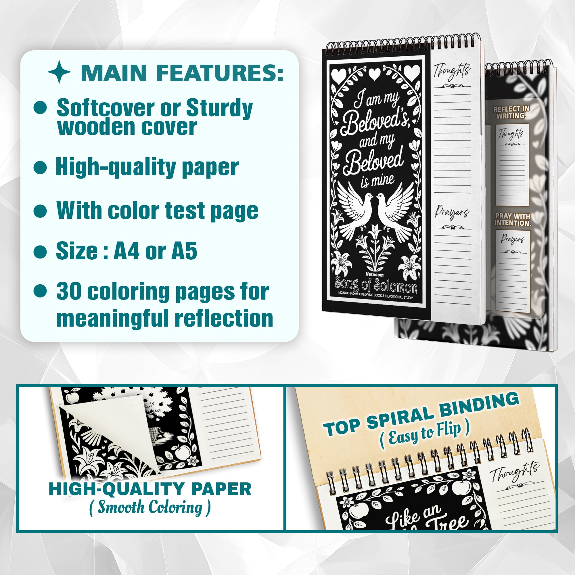 Song of Solomon Monochrome Coloring Book for Adults, 30 Minimalist Scripture Art Pages with Reflection & Prayer Space, Spiral Bound, A4 or A5 Softcover or Wood Cover