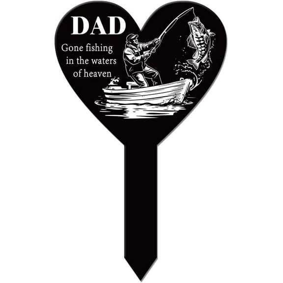 Heart Shaped Fishing Father Garden Stake Memorial Remembrance Plaque for Cemetery Acrylic Grave Stake Waterproof Blessing Garden Plaque for Yard Grave Cemetery
