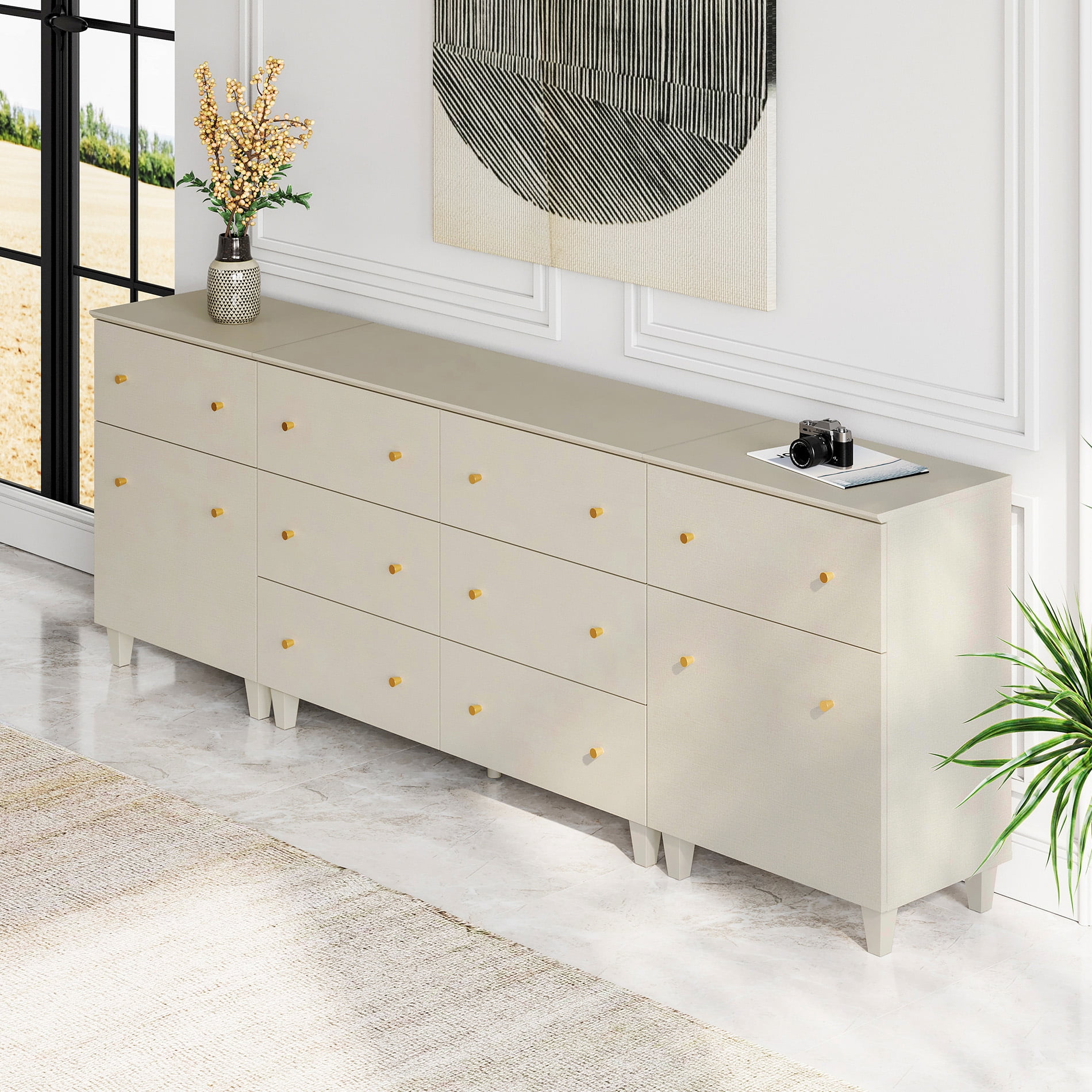 WAMPAT 8 Drawers Dresser with 2 Cabinets for Bedroom, 3-in-1 Modern Wooden Chest of Drawers, 94" Wide, Beige Linen Printed Finish