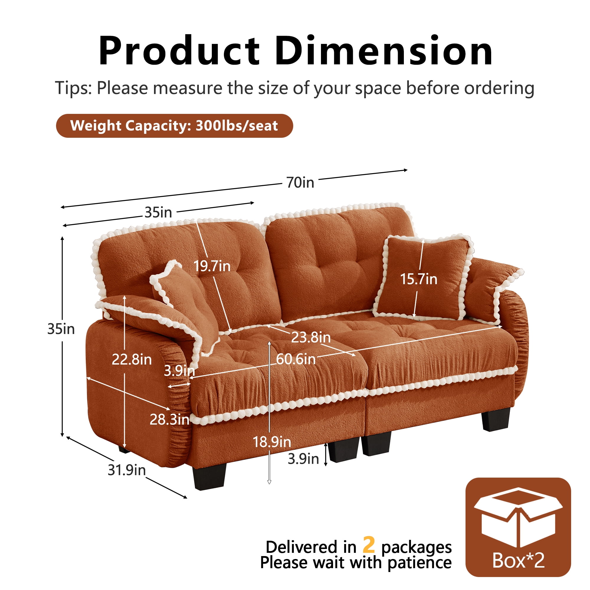 Anpport 70" Chenille Cloud Loveseat with 4 Pillows, Pom‑Pom Trim, Quilted Tufted Ergonomic, Easy Assembly Deep Seat for Living Room Apartment, Orange