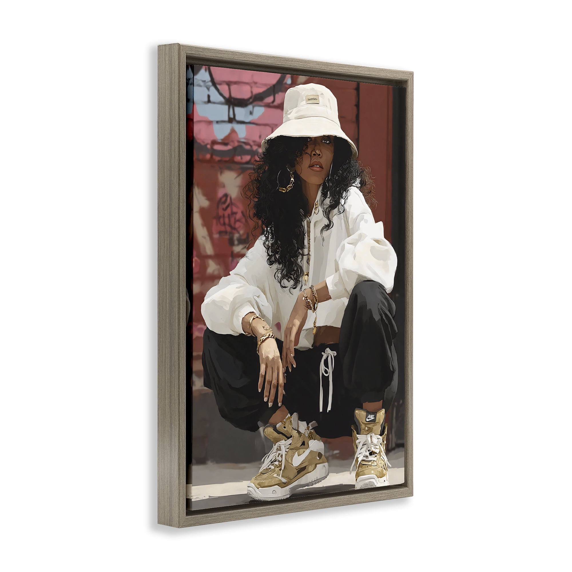 Stupell Industries Urban Streetwear Bucket Hat Brown Framed Floater Canvas Wall Art, design by Franklyn Gregory