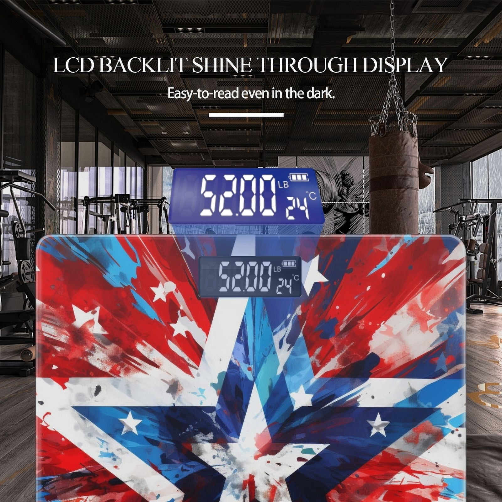 Bathroom Scale, Highly Accurate Digital Body Scale,Precisely Measures Weight up to 400 lbs-Red And Blue Background With Abstract Star Design