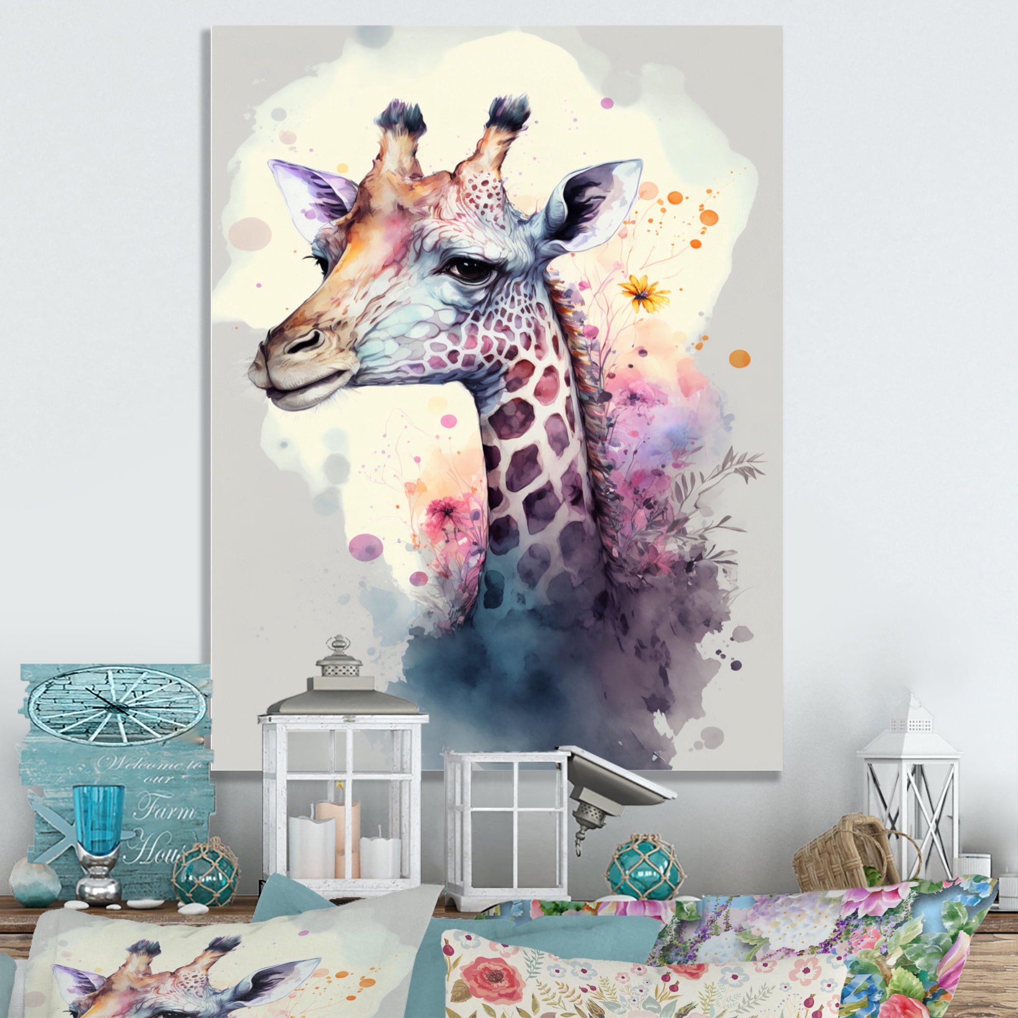 Designart Cute Giraffe Floral Art III Canvas Wall Art