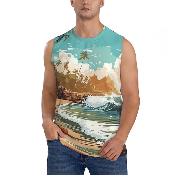 Fotbe Coastal Palm Beach Men's Camiseta sin Mangas Estampada para Hombres, Playera Casual para Gimnasio, Entrenamiento, Playa-X-Large