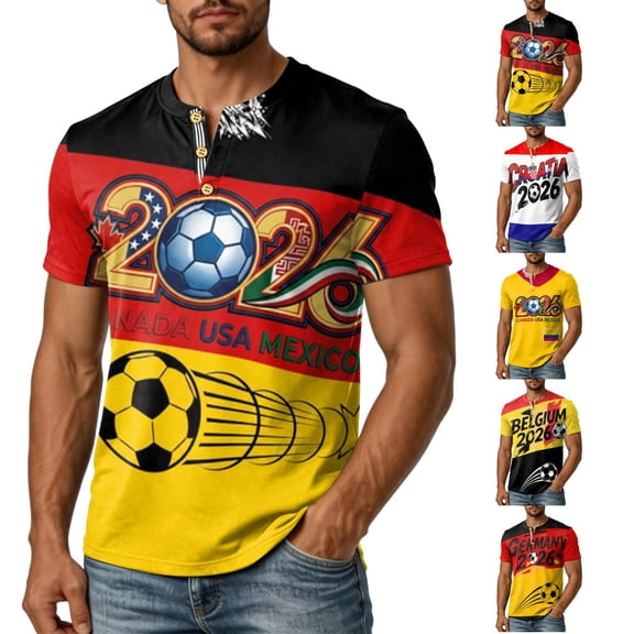 2026 Soccer Cup Retro Jersey Henley for Men, Short Sleeve Button Neck Graphic Tee with Country Flag & Ball Print for Game Day & Summer Casual Blue L