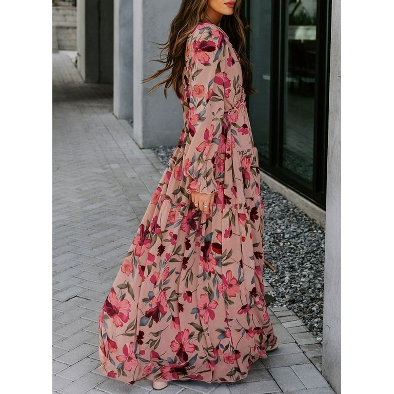 SHEWIN Womens Floral Maxi Dress Casual Deep V Neck Long SHEWIN Womens Floral Maxi Dress Casual Deep V Neck Long