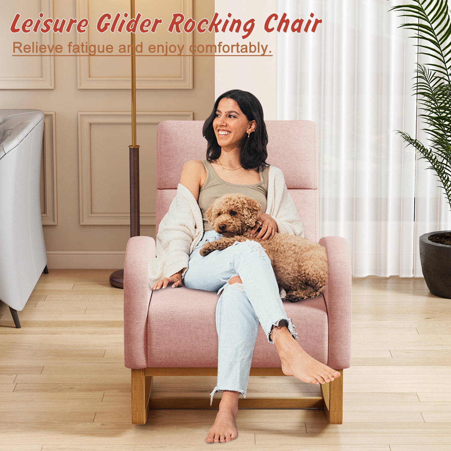 Glider Rocking Chair Nursery Comfy Accent Chair with High Backrest Upholstered Living Room Chairs with Side Pocket Armchair Reading Chair for Bedroom Nursery Office,Pink