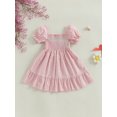 thumbnail image 6 of LMLYSoH Toddler Girls Summer Casual Dress Short Puff Sleeve A-line Plaid Dress for Party, Travel, 6 of 9