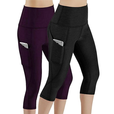 MAWCLOS 2psc Women Capri Leggings Tights Tummy Conytol High Waist Cropped Yoga Pants for Running Fitness with Pocket