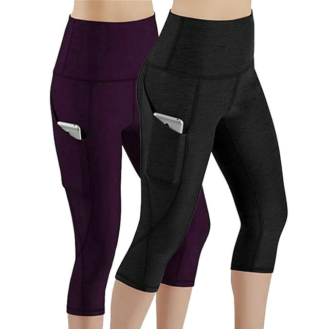 Oucaili 2 Paquetes Leggings capris de cintura alta para mujer Activewear Workout Running Pantalones recortados con bolsillos