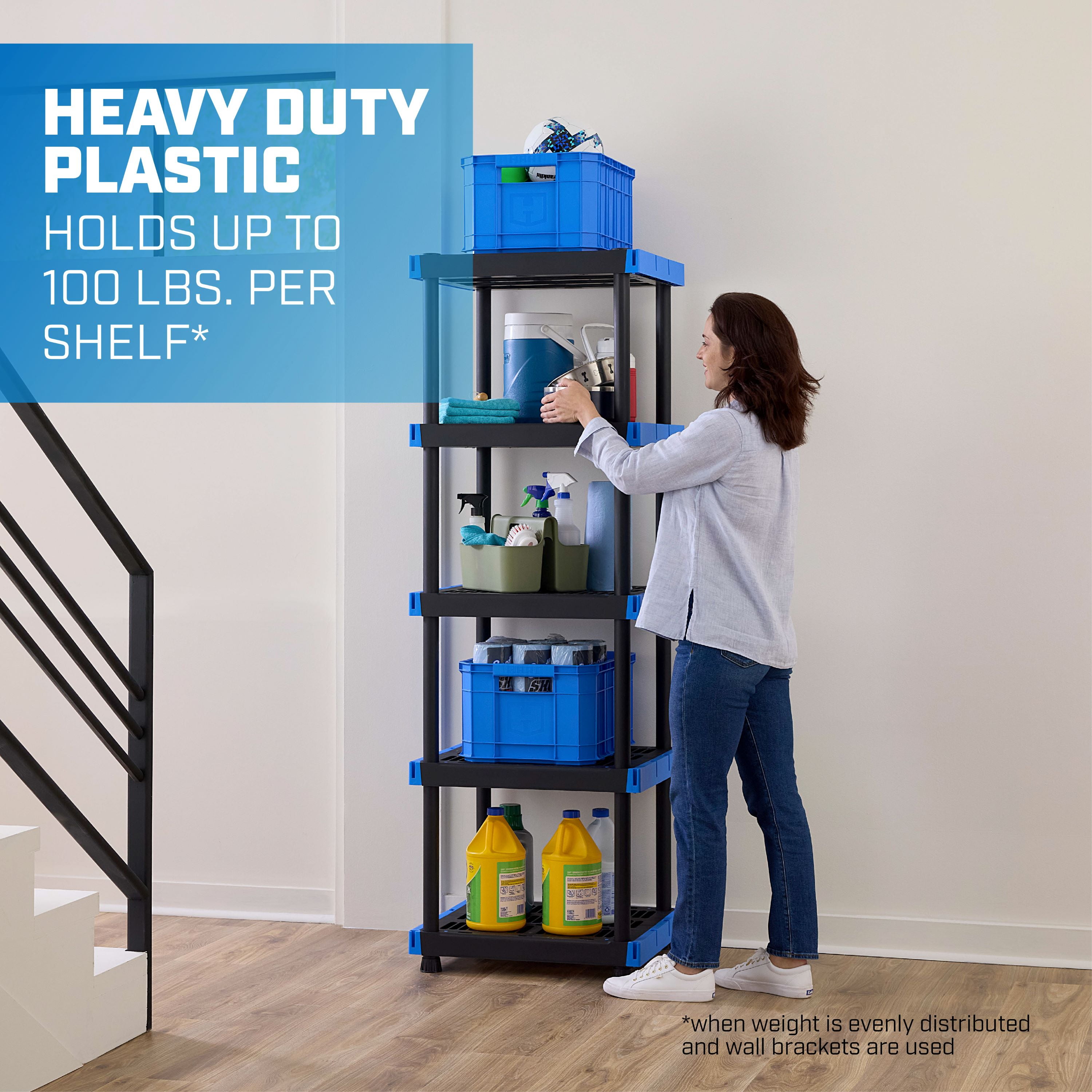 Hart 5-Shelf Plastic Storage Shelf, 24" W x 20" D x 72" H, Holds up to 500 lb Total Capacity, Black and Blue