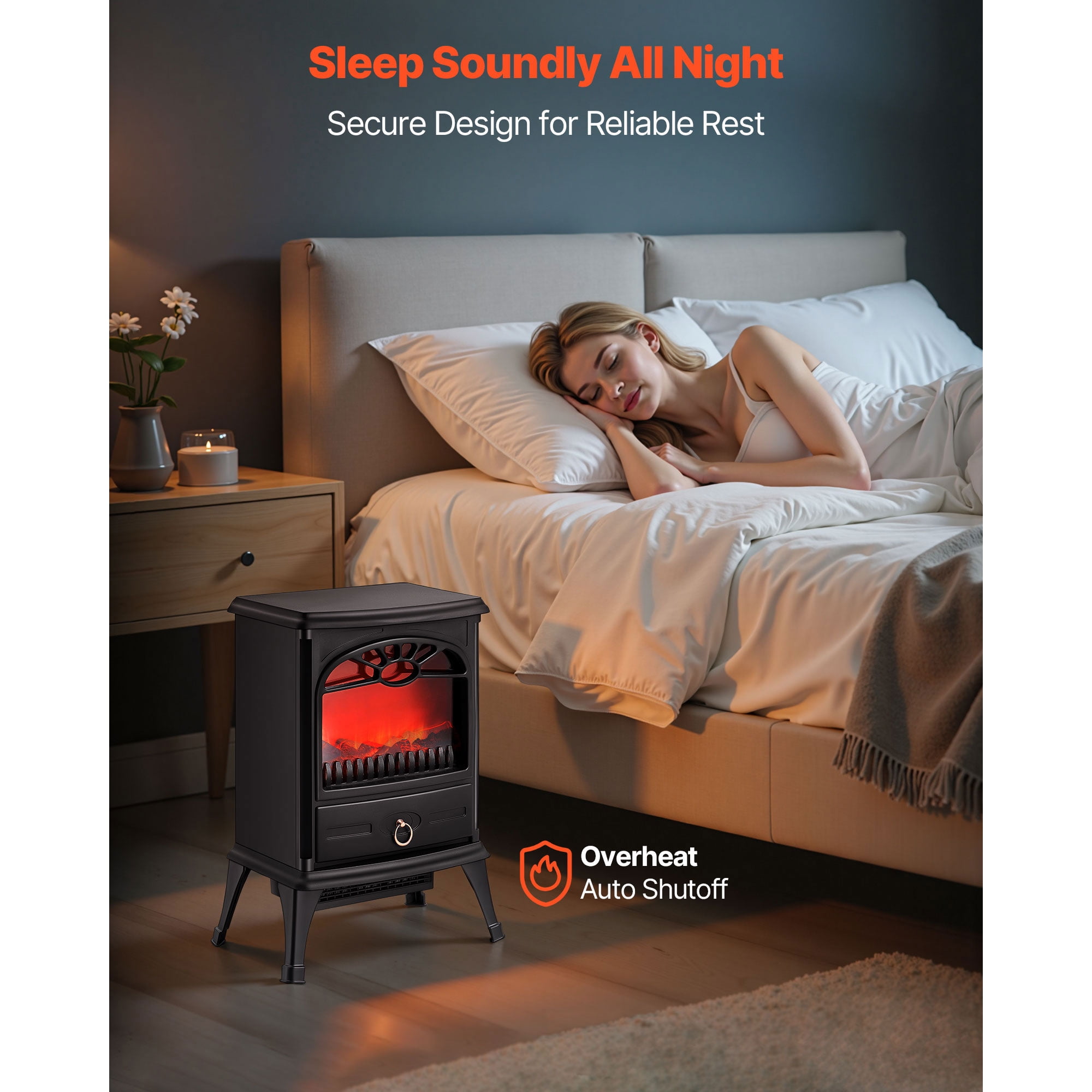 KFFKFF 22.8-Inch Freestanding Electric Fireplace Heater, 1500W 5120BTU Portable Stove with Overheat Protection, Realistic Flame Effect, Ideal for Living Room, Bedroom, Study, and Dining Room, Black