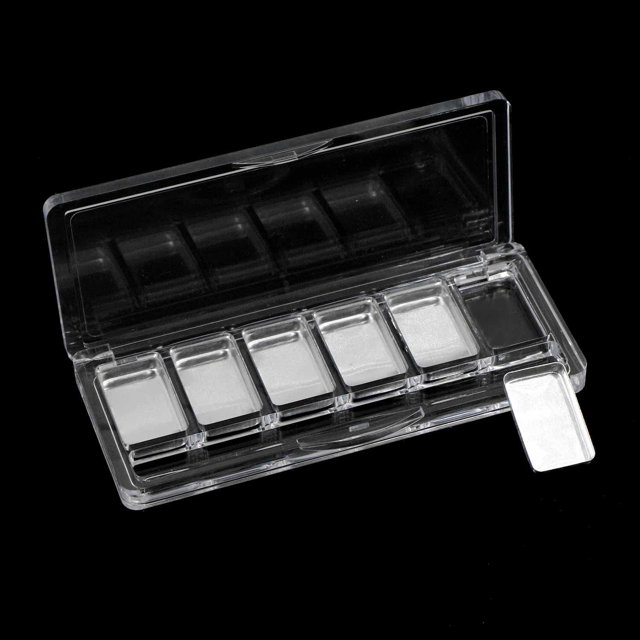 Paleta de sombras de ojos vacía para maquillaje, 6 ranuras de plástico transparente para sombras de ojos, lápiz labial o rubor y polvos, con bandeja dispensadora de aluminio, rellenable