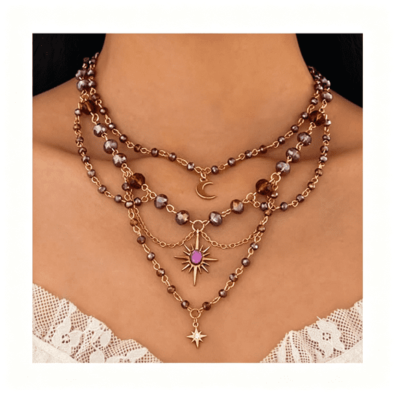 DESIGNICE Renaissance Fairy Necklace for Women,Y2K Star Sun Moon Natural Crystal Tassel Chain Choker Necklaces Fantasy Renfaire Necklace for Woodland Fairycore Jewelry Cosplay Costume Accessories