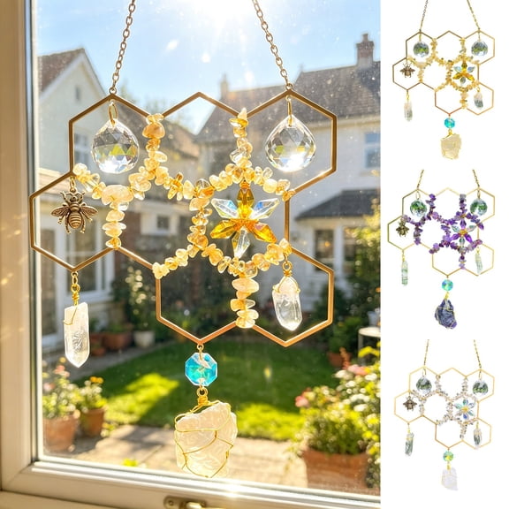 Msgweeeg Stained Glass Stain Glass Window Hanging Citrine Crystal Beehive Suncatcher Honeycomb Citrine Crystal Suncatcher - Natural Healing Maker Window Hanging Ornament Boho Home Decor