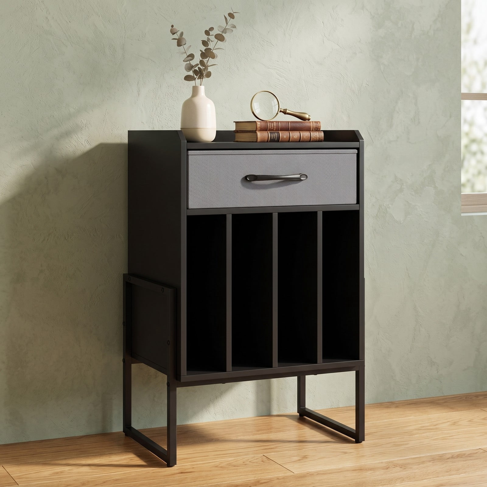 Furnibear Record Player Stand with Storage Drawer and Vinyl Record Holder, Turntable Table with Metal Frame and Wide Top for Living Room Music Room Study, Black