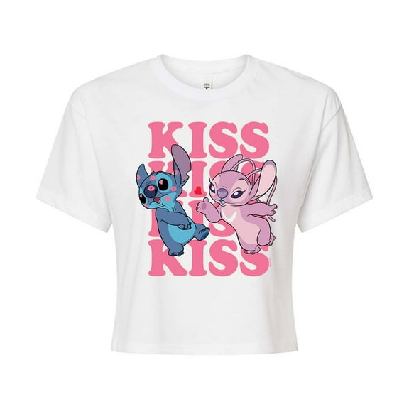 Lilo & Stitch - Valentine's Day Stitch Kiss Repeated - Juniors Cropped Cotton Blend T-Shirt