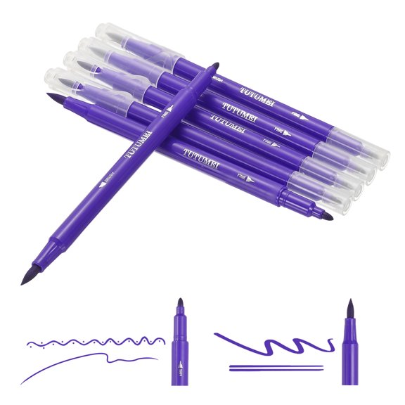 Uxcell Dual Brush Markers, Deep Purple Fine and Brush Tip Pen for Coloring, 6Pcs