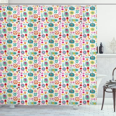 Nursery Shower Curtain, Happiness Theme with Funny Flowers Leaves Botany Blossoms Spring Joyful Caricature, Fabric Bathroom Set with Hooks, 69W X 75L Inches Long, Multicolor, by Ambesonne