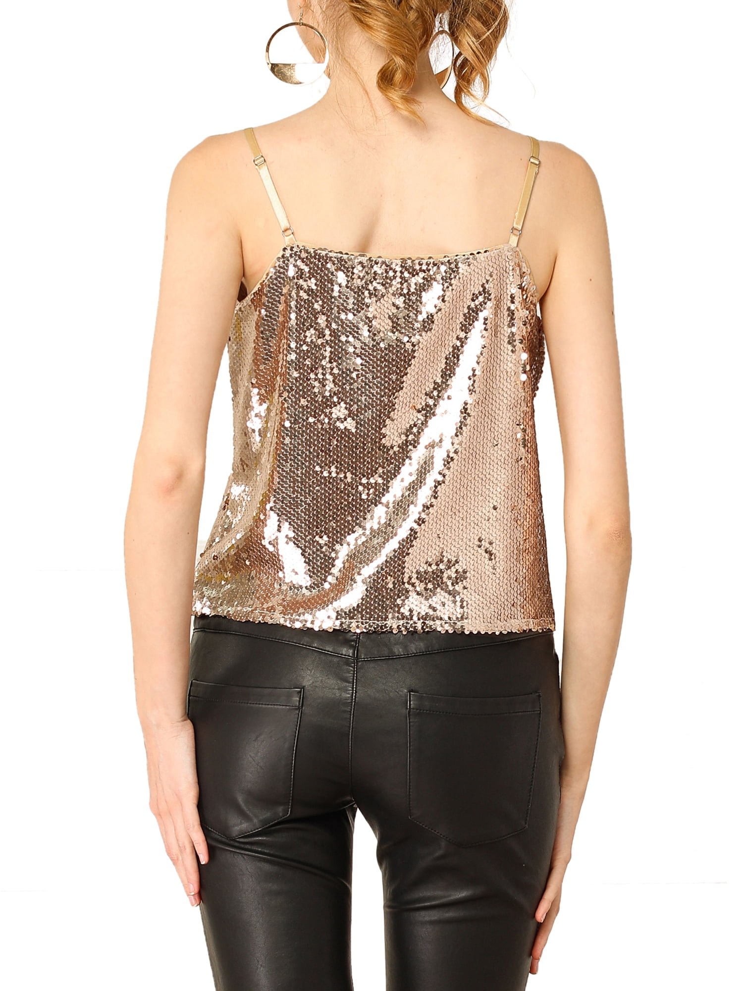 DARING DIVA Women's Sequin Sparkle Glitter Crop Cami Top L Rose Gold