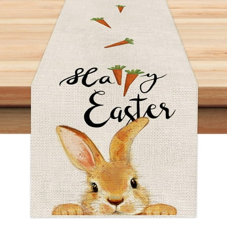 

Cute Rabbit Carrot Bunny Happy Easter Table Runner Spring Summer Seasonal Holiday Kitchen Dining Table Decoration for Indoor Outdoor Home Party Decor 13 x 72 Inch