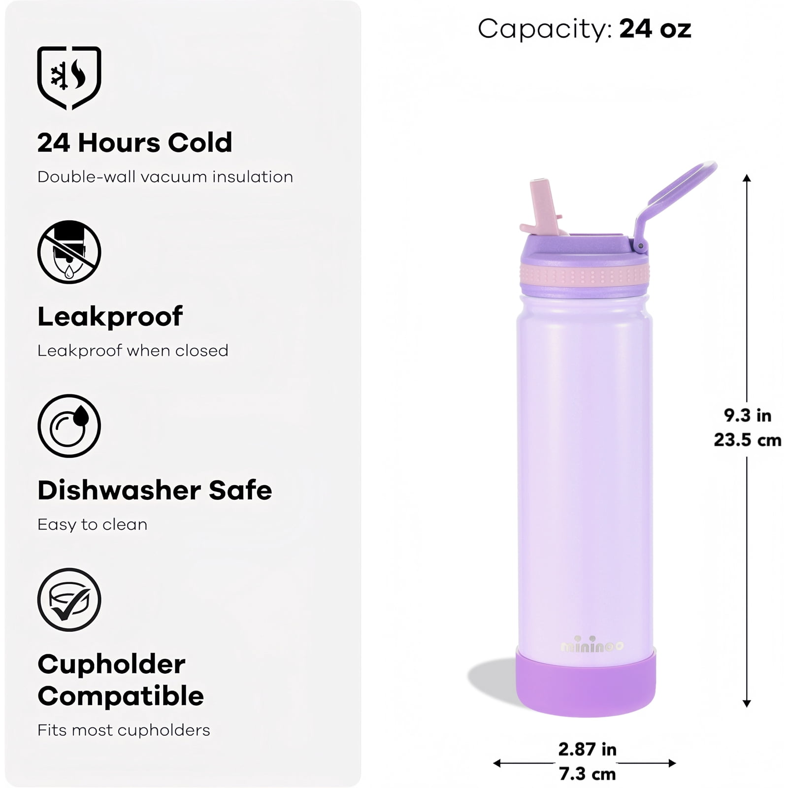 Mininoo 24 oz Insulated Stainless Steel Water Bottle with Straw Lid, Ceramic-Lined, BPA-Free, Sparkling Lavender