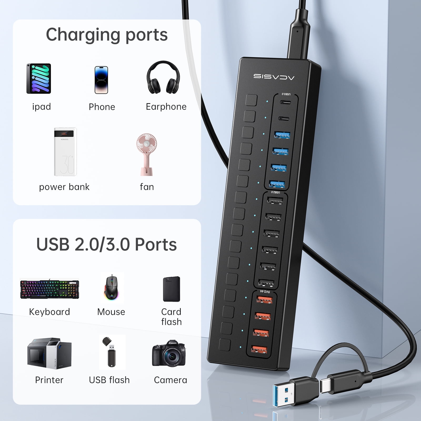 ACASIS 16 Ports USB 3.0 Hub with 5Gbps Data Speed，Aluminum Housing, USB Hub Powered with 60W Power Adapter, USB Hub for PC/Laptop, Computer, Flash Drive, Printer, Camera