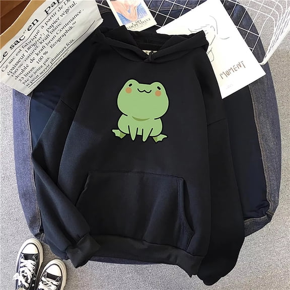 Men Women Casual Sweatshirts, Frog Print Tops, Daily Hoodies Black White Clothes (S-3XL)