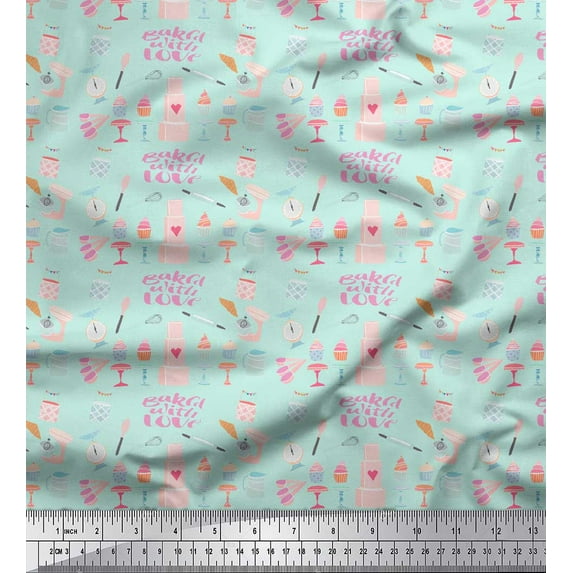 Soimoi Green Poly Georgette Fabric Cupcake Party Printed Fabric 1 Yard 52 Inch Wide