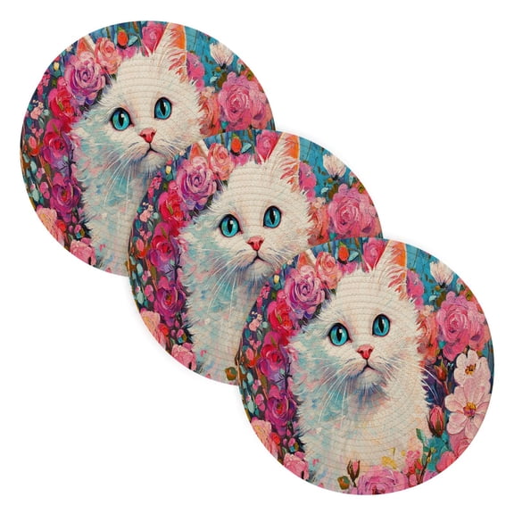 BZSMCE Mats for Pots,Pans Place Cat Surrounded by Pink Flowers Simple Style Pattern Pot Mats