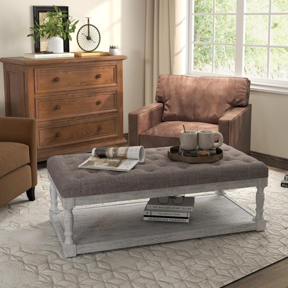 Rectangular Upholstered Tufted Linen Fabric Ottoman Bench, Padded Bench with Solid Wood Shelf-Linen, Comes with Storage, Coffee Table, Tufted Living Room Design(Light Gray)