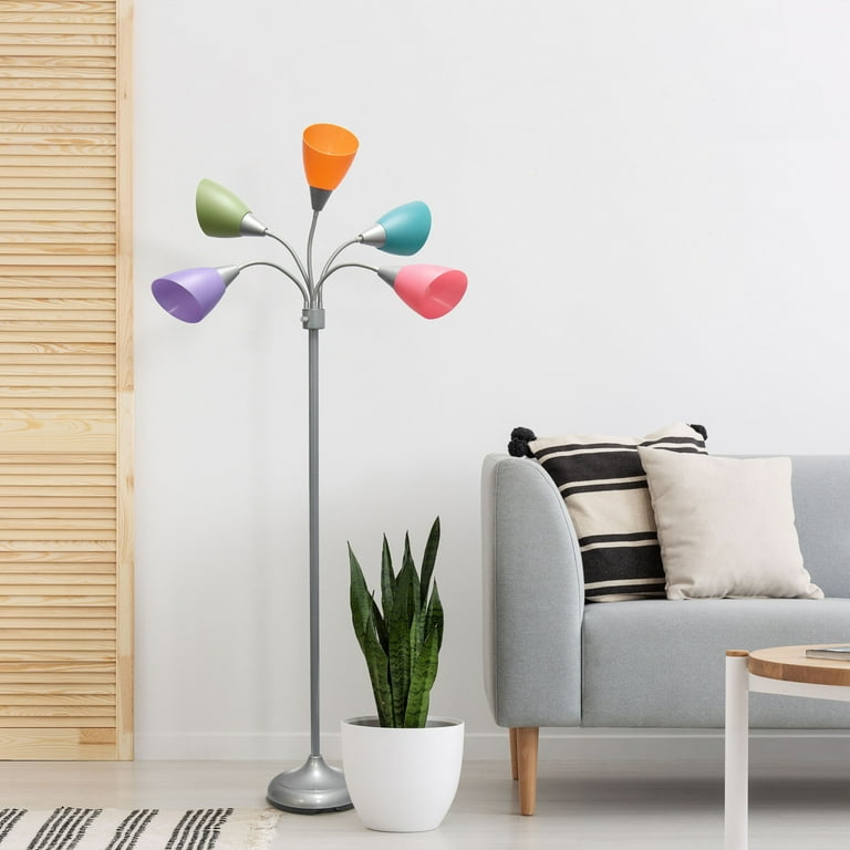 Simple Designs 5 Light Adjustable Gooseneck Silver Floor Lamp with Primary Multicolored Shades