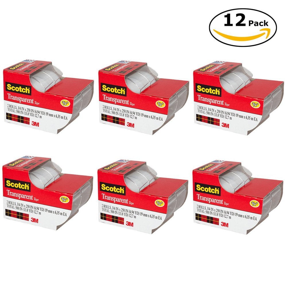 Scotch Transparent Tape, 3/4 in x 250 Inches/ PO, 12 Rolls 3000 inches total