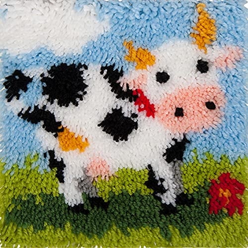 Dairy Cattle Cow Latch Hook Rug Kits for Adults and Kids Beginner Needle Crochet Yarn Kits Embroidery Carpet Hook and Latch Kit Cushion Christmas Home Decoration 30x30cm, XZD048