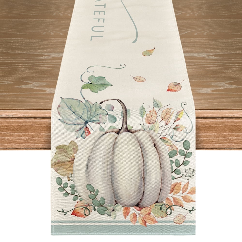 Smile Gather and Be Grateful Pumpkin Leaves Fall Table Runner, Thanksgiving Kitchen Dining Table Decoration for Home Party Decor 13x72 Inch